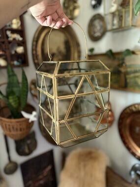 Vintage Brass And Glass Candle Lantern Glass Terrarium With Handle